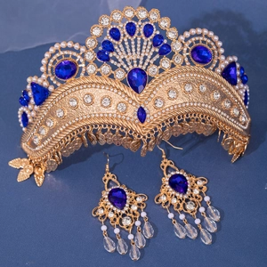 Luxury Alloy Rhinestone Bridal Crown Earrings Set Ethnic Tassel Vintage Palace Tiara For Wedding Party Pageant Women Jewelry