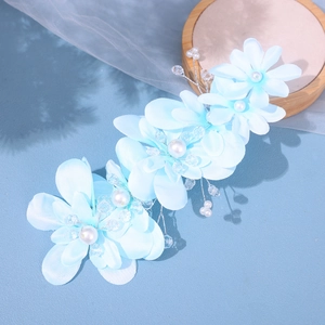 Elegant light blue silk floral bridal headpiece with pearls and crystal beads on silver wire