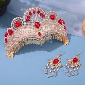 Luxury gold bridal crown and tassel earring set with red crystals and white pearls