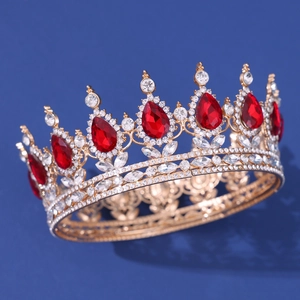 Elegant gold bridal tiara with red water drop crystals and white rhinestones