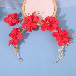 Elegant red floral bridal headpiece with silk flowers, gold leaves and rhinestones