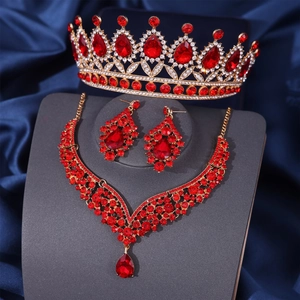 Luxury Vintage Red Rhinestone Bridal Crown Gold Alloy Wedding Tiara For Women Pageant Party Hair Accessories Queen Headpiece