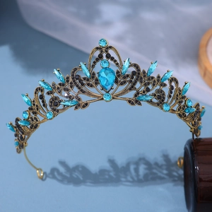 Corona dorata vintage con cristalli blu a goccia e strass neri per feste da sposa