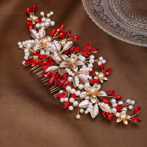 Peigne à cheveux élégant en métal doré avec cristaux rouges et perles pour mariées