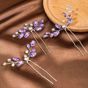 Set di 3 forcine da sposa con cristalli viola e rami in filo d'argento decorati