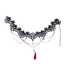 Gothic black lace choker necklace with blue gemstones and red waterdrop pendant