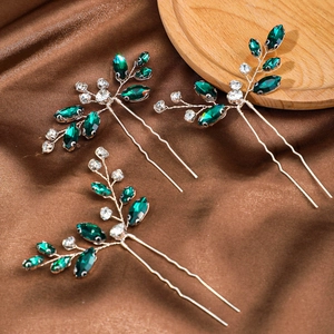 Set da 3 forcine per capelli da sposa con cristalli smeraldo e foglie su raso marrone