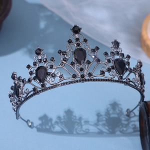 Gothic style black rhinestone bridal tiara with pear-shaped stones and dark grey finish