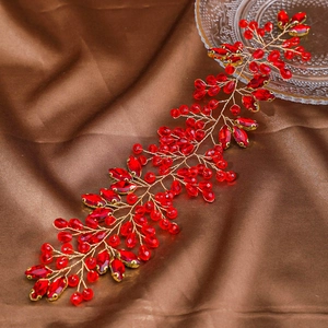 Handmade red crystal bridal hair vine with gold wire floral beading for wedding hairstyles