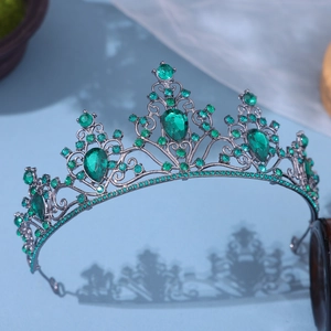 European bridal tiara with emerald green crystals and gunmetal silver alloy finish