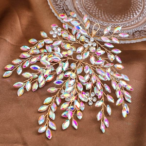 Handmade bridal headband with sparkling rhinestones and golden wire branch design