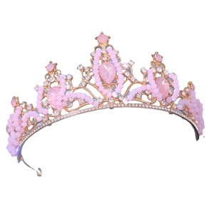 Elegant gold bridal tiara with pink water drop stones and shimmering crystals