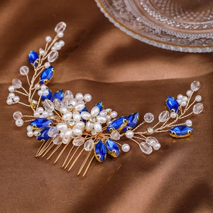 Handmade bridal hair comb with royal blue gems and white pearls on gold wire