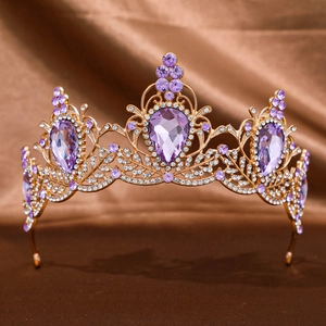 Baroque gold crown with purple teardrop crystals and sparkling white rhinestones for brides