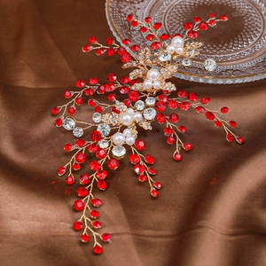 Serre-tête de mariée élégant avec feuilles dorées, cristaux rouges et perles blanches