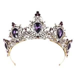 Vintage Baroque gold crown with large purple teardrop gemstones and crystal leaf details