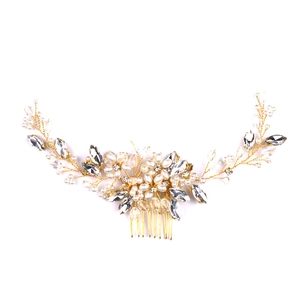 Handmade bridal hair comb with white pearls and sparkling crystals in gold wire finish