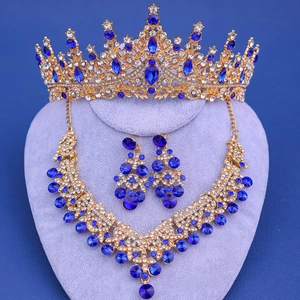 Conjunto de lujo corona collar y pendientes dorados con diamantes de imitación azul