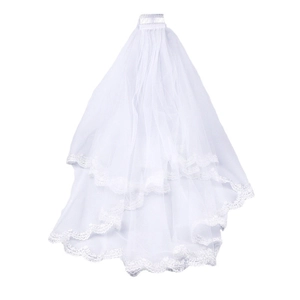 Classic multi-layer white bridal veil with lace trim and comb on a plain background