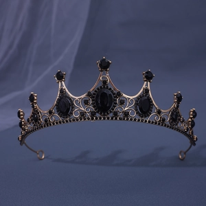 Vintage Barok kroon tiara met zwarte kristallen en antiek gouden legering voor bruidskleding
