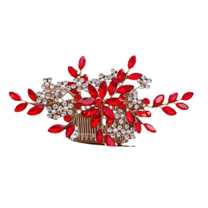 Peigne à cheveux de mariée exquis avec strass rouges et perles sur base en métal doré