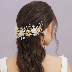 Handmade Bridal Hairband Flower Faux Artificial Pearl Rhinestone Headpiece For Wedding Party Women Vintage Alloy Gold Leaf Hair Accessories