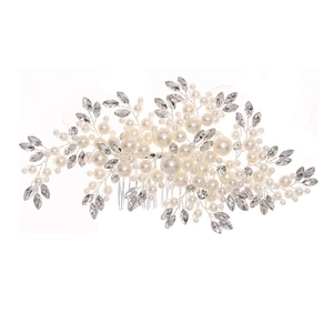 Squisito pettine per capelli da sposa argento con perle avorio e rami di cristallo