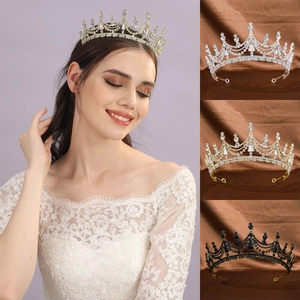 Vintage Luxurious Alloy Rhinestone Bridal Crown Tiara With Faux Artificial Pearls Hollow Out Baroque Style Hair Accessories For Wedding