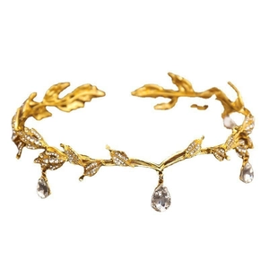 Eleganter Goldblatt-Brautkranz mit glitzernden Strasssteinen und Kristallanhängern