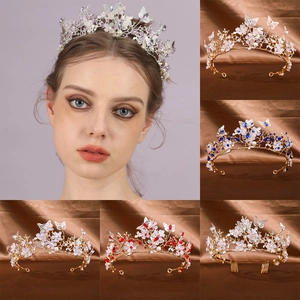 Elegant bridal tiara with rhinestones and butterflies in multiple colors for weddings