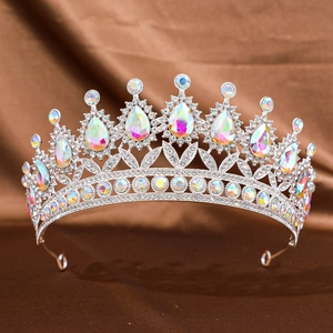 Close-up of bridal crown featuring silver alloy with rainbow AB teardrop crystals