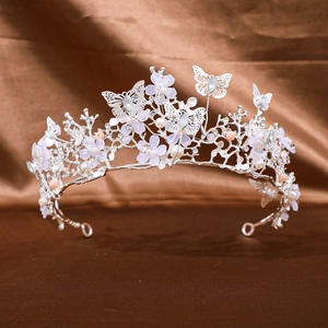 Silver bridal crown with purple resin petals, butterfly motifs and white faux pearls