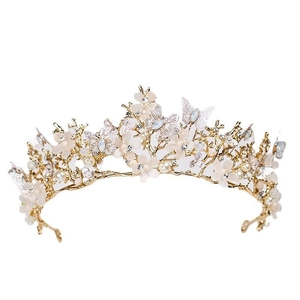 Diadème de mariée européen avec papillon doré, fleurs, perles et strass brillants