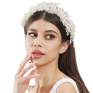 Handmade bridal headband with white pearls and crystals for wedding hairstyles