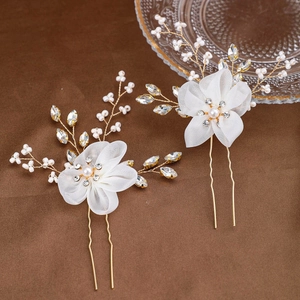 Lot de pics à cheveux mariée avec fleurs en organza blanc et perles dorées
