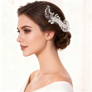 Peigne à Cheveux de Mariée Argent Avec Künstliche Perle Artificielle Strass Fleur Feuille Accessoires de Cheveux de Mariage Faits à La Main Femme