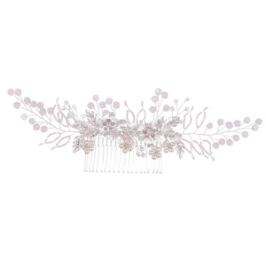 Peigne à cheveux mariée argent et rose avec fleurs en cristal, perles et feuilles