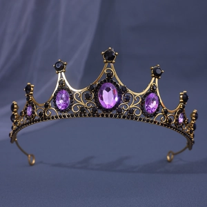 Barokke gouden kroon met paarse edelstenen en zwarte strassteentjes haaraccessoire