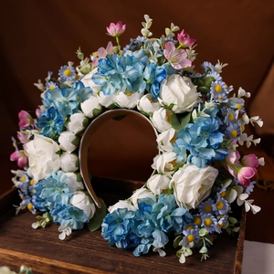 Cerchietto floreale con fiori di seta blu bianco rosa per acconciature Hanfu vintage
