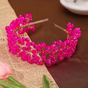 Elegant fuchsia beaded crystal headband with golden wire weaving for bridal hair styling