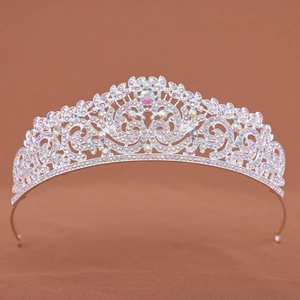 Elegant silver bridal tiara with colorful AB rhinestones and hollow floral patterns