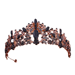 Elegant rose gold tiara with black rhinestones and vine patterns for weddings