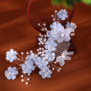 Handmade Blue Flower Bridal Hair Comb With Faux Artificial Pearls And Metal Wire For Wedding Party Women Elegant Hair Accessory