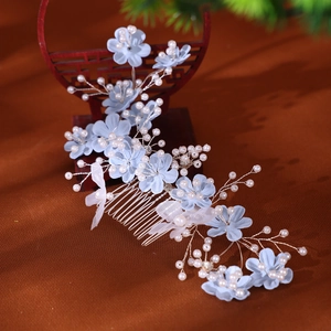 Exquisite light blue floral hair comb with pearls and silver wire for bridal styling