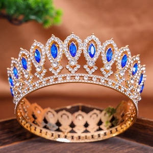 Luxury Baroque gold bridal crown with blue teardrop crystals and white rhinestones