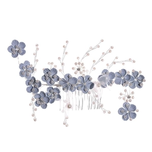 Handmade bridal hair comb with blue fabric flowers and pearls for wedding hairstyles