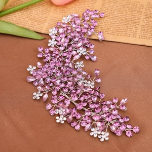 Handmade bridal hair comb with pink rhinestones and silver vine leaf design