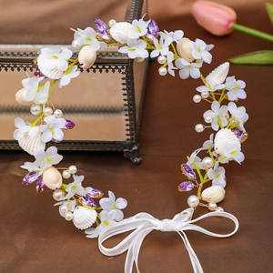 Handmade bridal floral headband with seashells, white flowers and pearl accents