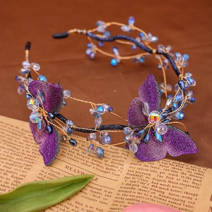 Handmade Purple Mesh Butterfly Crystal Headband Vintage Gold Wire Hair Hoop Elegant Wedding Party Hair Accessories For Women