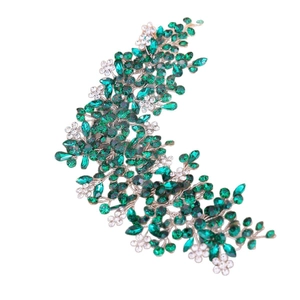 Handmade bridal hair comb with green rhinestones and white crystal flowers in silver wire